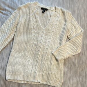 Forever 21 Cream V-Neck Cable Knit Sweater